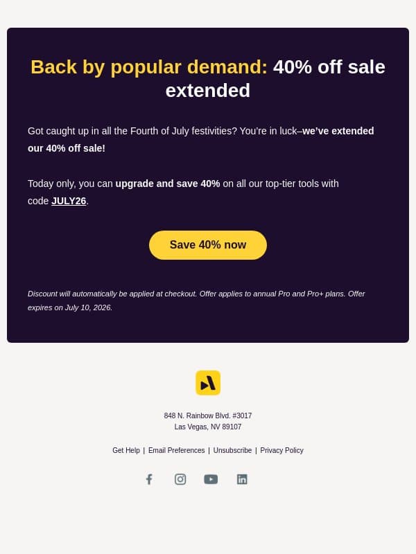 Our July 4th sale is here for 1 more day email from Animoto screenshot