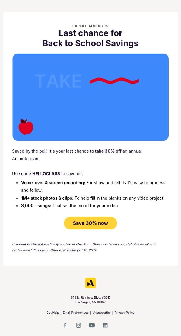 Don’t miss the bus: 30% off expires August 12 email from Animoto screenshot