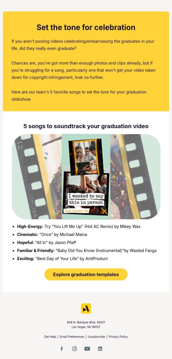 5 songs to soundtrack your graduation video email from Animoto screenshot