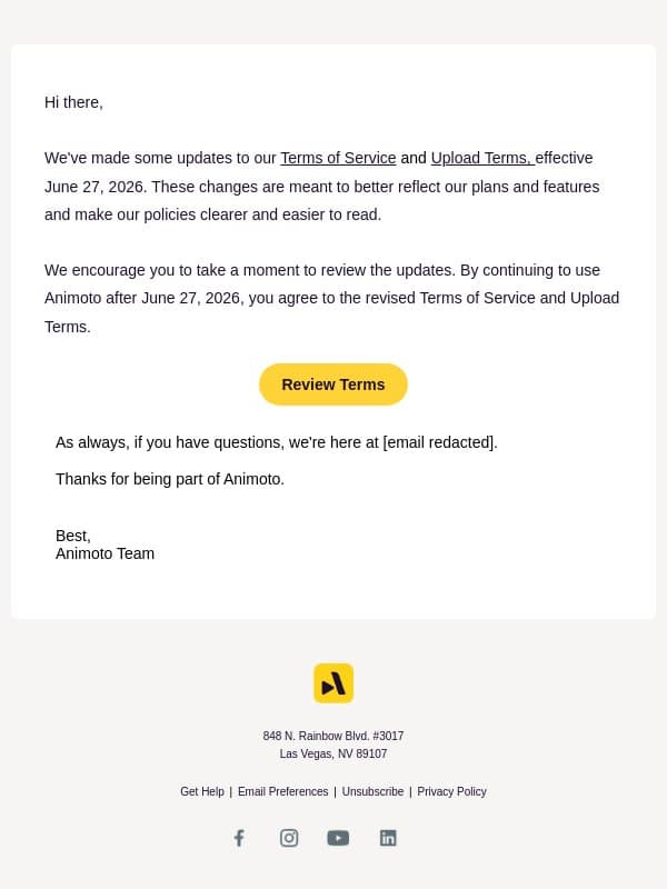 Updates to Animoto's Terms of Service and Upload Terms email from Animoto screenshot