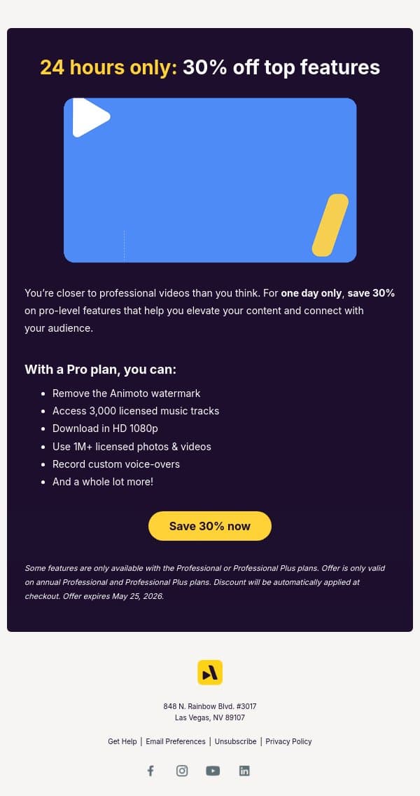 Create like a pro for less (today only) email from Animoto screenshot