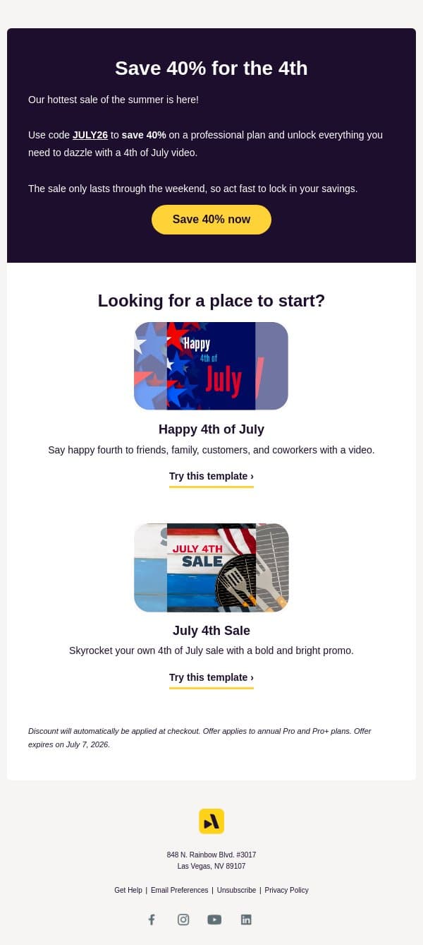HUGE July 4th sale: Save 40% email from Animoto screenshot