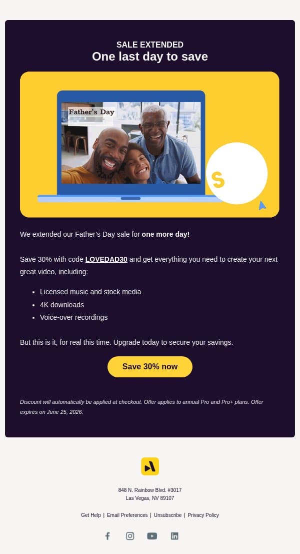 30% off extended by popular demand email from Animoto screenshot