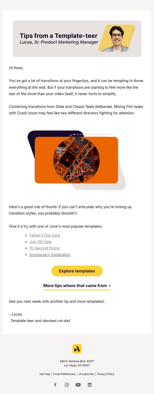 The simple rule for better transitions email from Animoto screenshot
