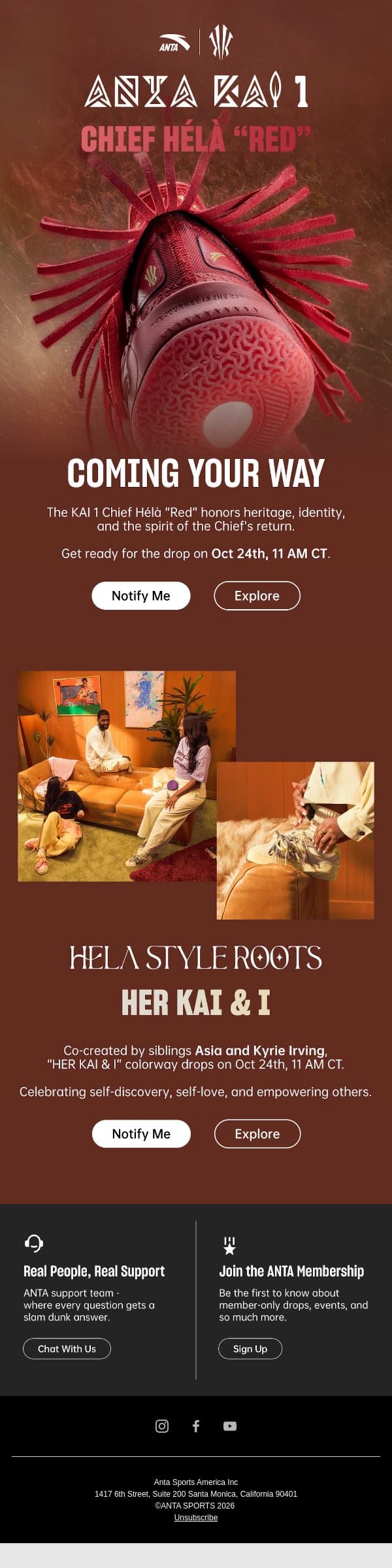 🤞🏾 Upcoming Drops: Chief Hélà “Red” & "HER KAI & I" email from Anta screenshot