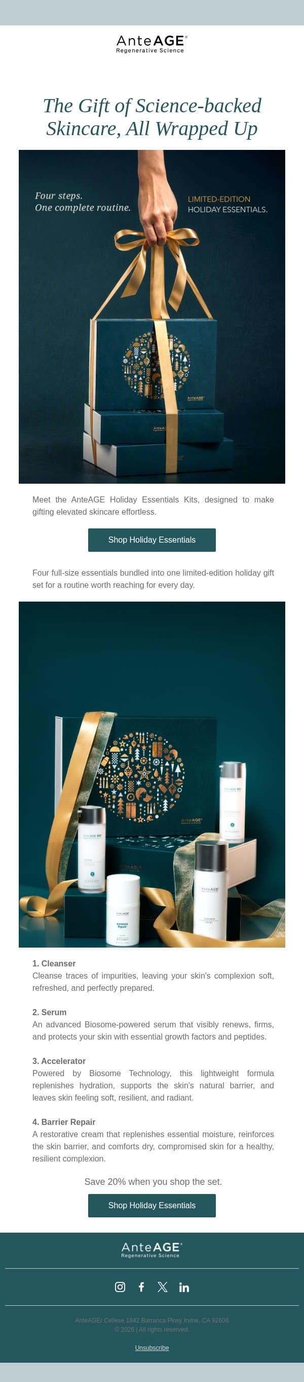 Meet the AnteAGE Holiday Essentials Kits email from AnteAGE screenshot