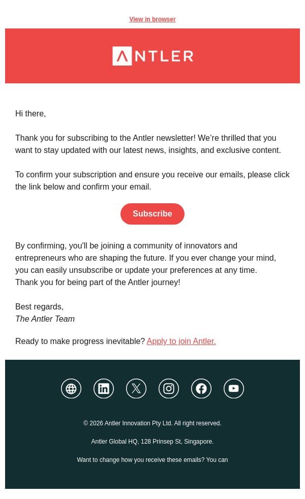 Antler Insights — Global Newsletter: Please Confirm Subscription email from Antler screenshot