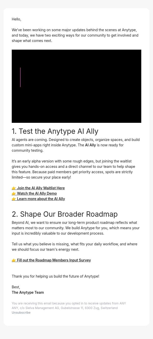Meet the Anytype Agent + Shape our Roadmap email from Anytype screenshot