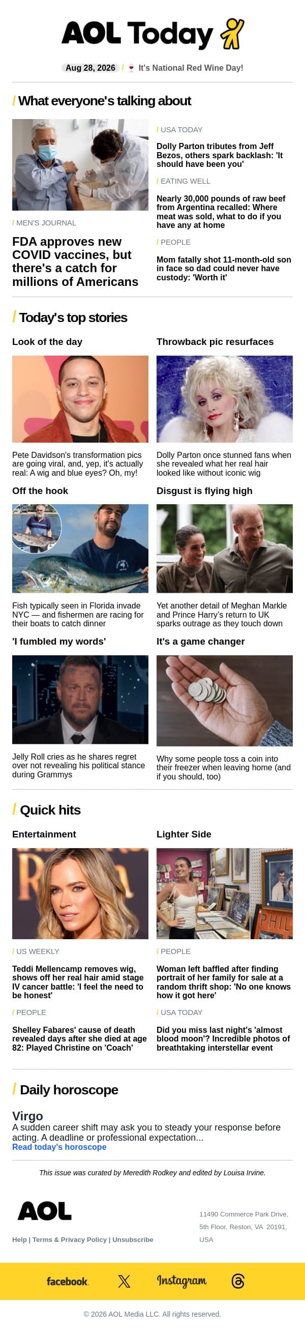 COVID vaccines; actress' cause of death; fish invades NYC email from AOL screenshot