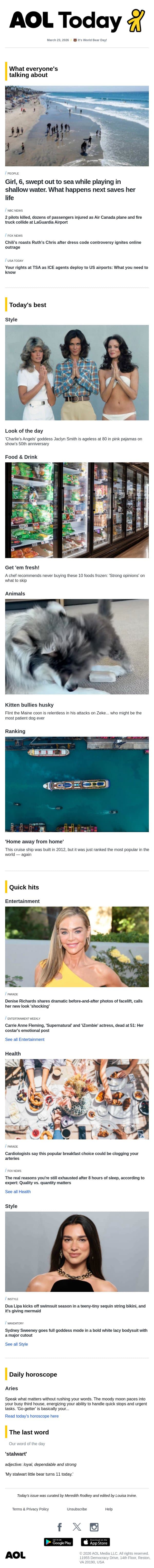 Air Canada accident; actress dies at 51; top cruise ship email from AOL screenshot