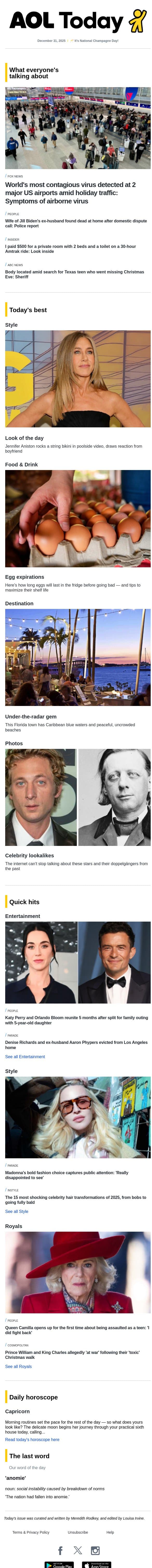 Contagious virus fears; Queen Camilla talks assault; celeb lookalikes email from AOL screenshot