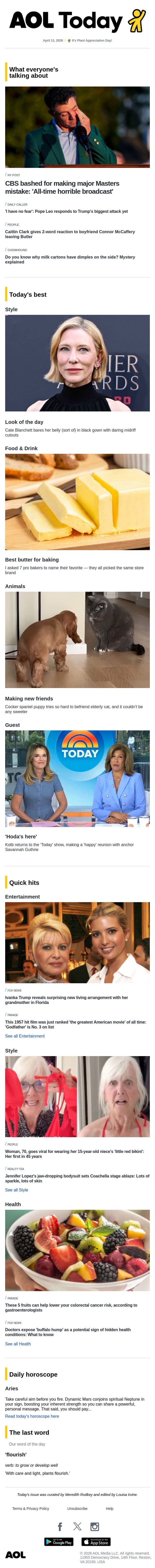 CBS' Masters flub; Pope vs. Trump; Hoda returns to 'Today' email from AOL screenshot
