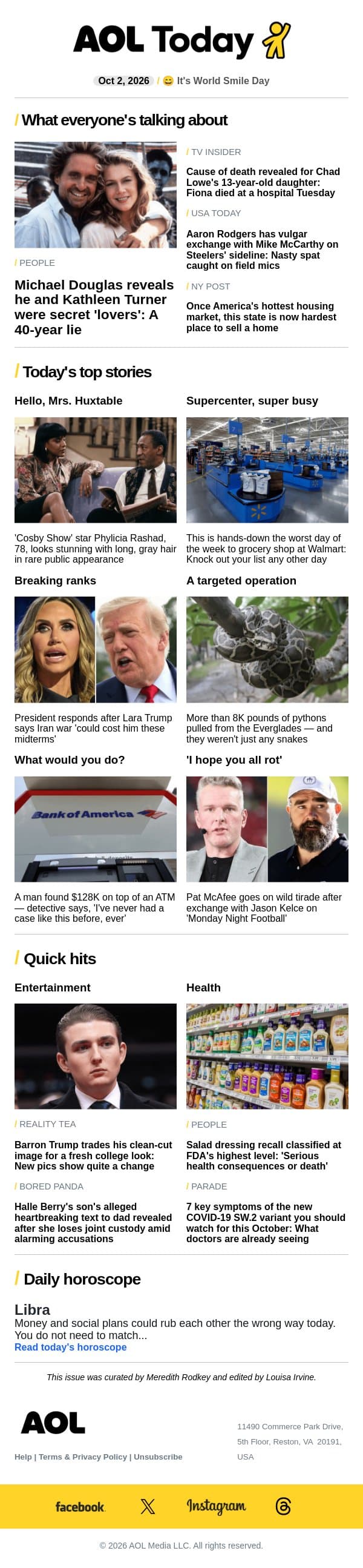 Michael Douglas' secret lover; salad dressing recall; COVID symptoms email from AOL screenshot