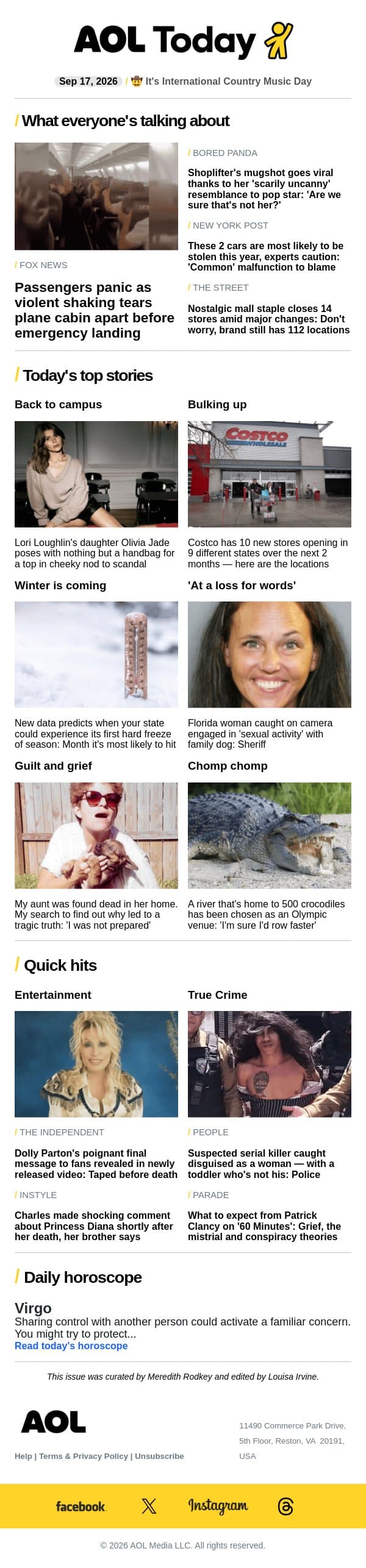 Plane cabin torn apart; serial killer caught; mall staple closing stores email from AOL screenshot