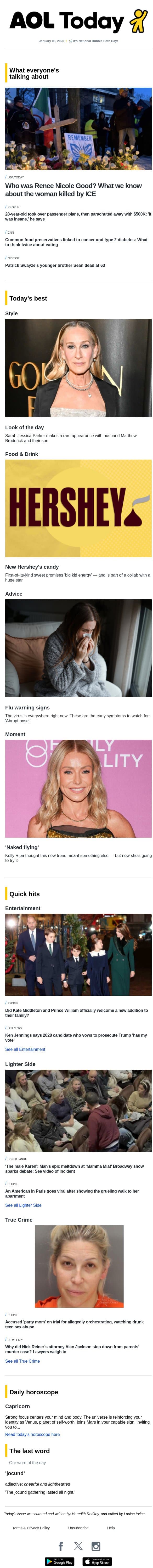 Renee Nicole Good; 'male Karen' meltdown; early flu symptoms email from AOL screenshot