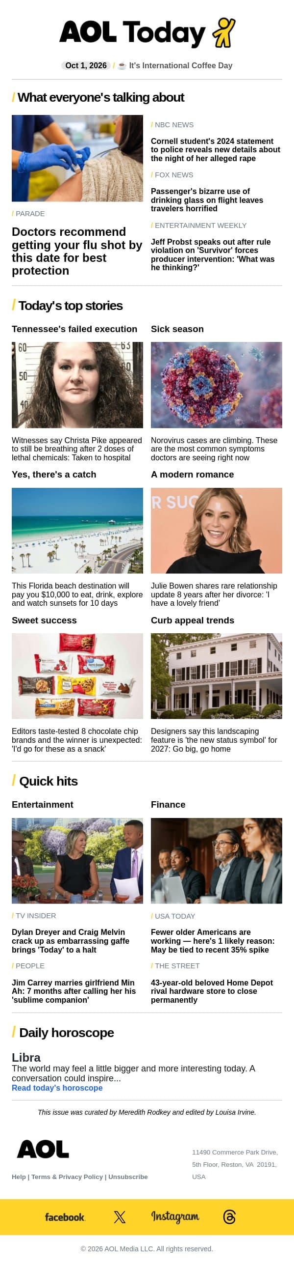 When to get flu shot; failed Tenn. execution; Carrey marries email from AOL screenshot