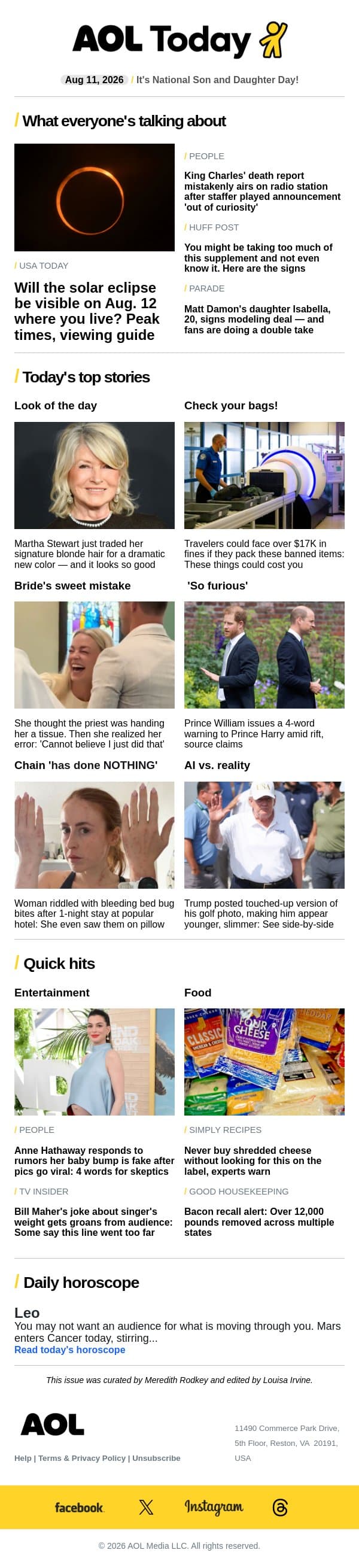 Cheese warning; Will's 4-word warning to Harry; bed bugs at popular hotel email from AOL screenshot
