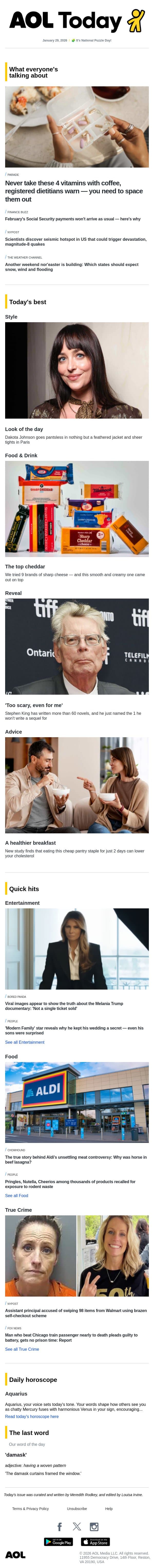 Social Security changes; snack food recall; Dakota Johnson's racy look email from AOL screenshot