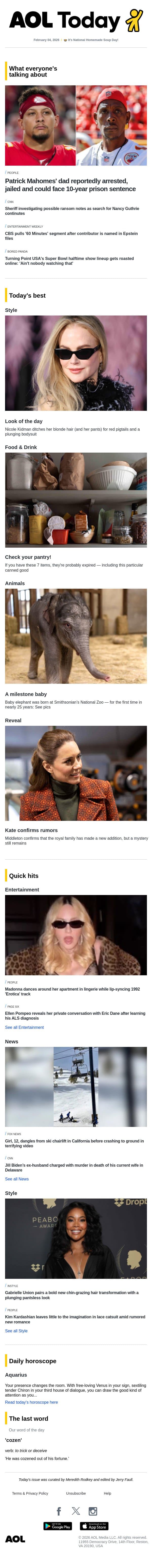 Mahomes' arrest; Middleton confirms rumor; Madonna's lingerie vid email from AOL screenshot