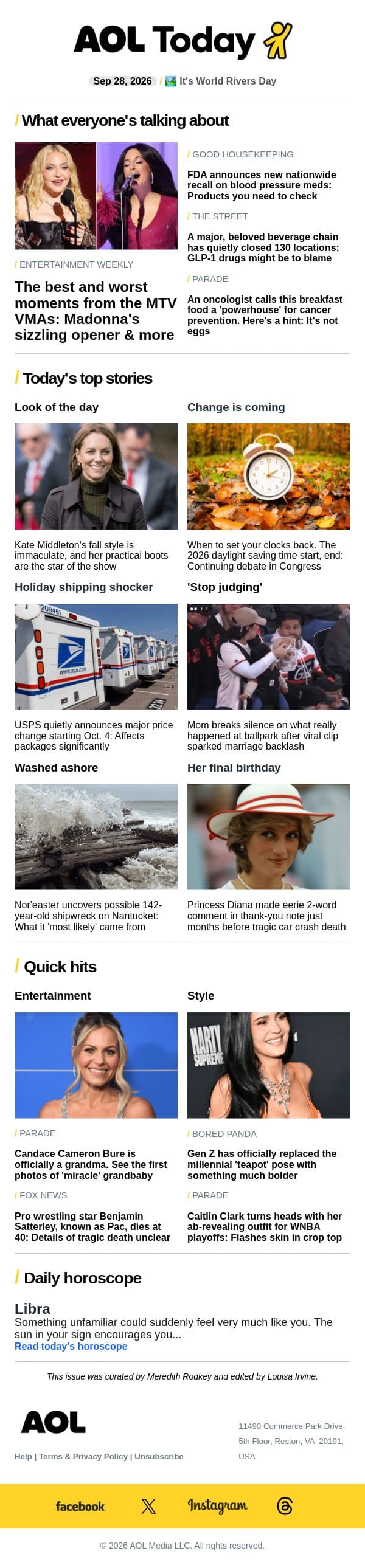 BP med recall; USPS price change; VMAs best & worst email from AOL screenshot