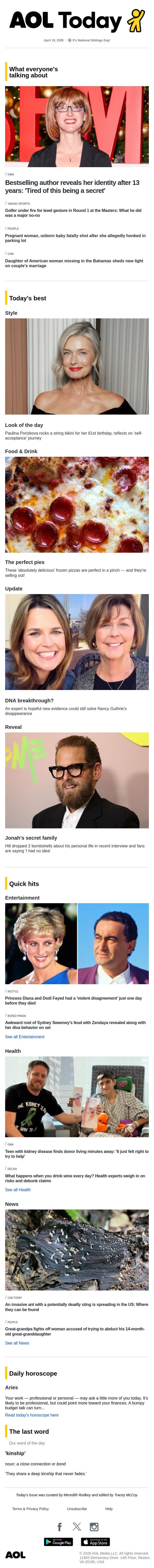Actor's secret family; Nancy Guthrie DNA breakthrough; author reveals identity email from AOL screenshot
