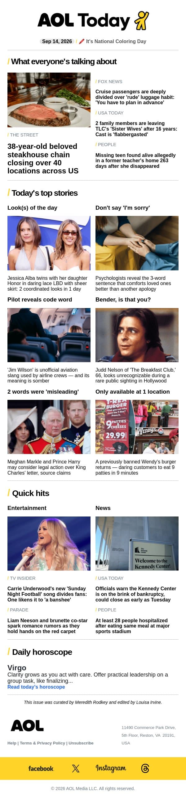 Steakhouse chain closing; 'rude' luggage habit; Liam Neeson's new love? email from AOL screenshot