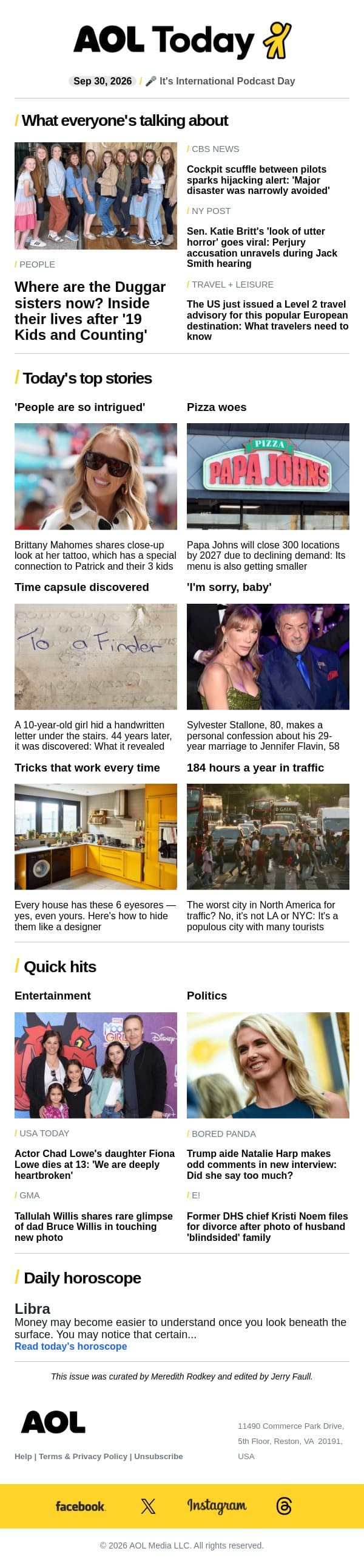 Hijacking alert; actor's daughter dies at 13; worst city for traffic email from AOL screenshot