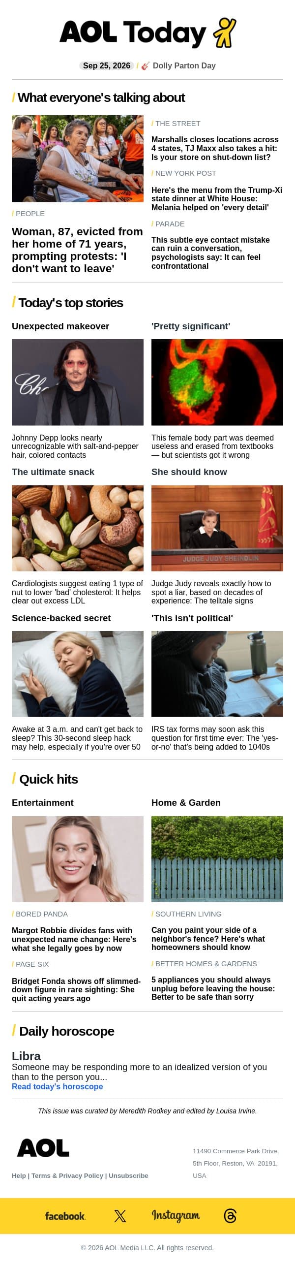 Major IRS change; 30-second sleep trick; Marshalls closings email from AOL screenshot