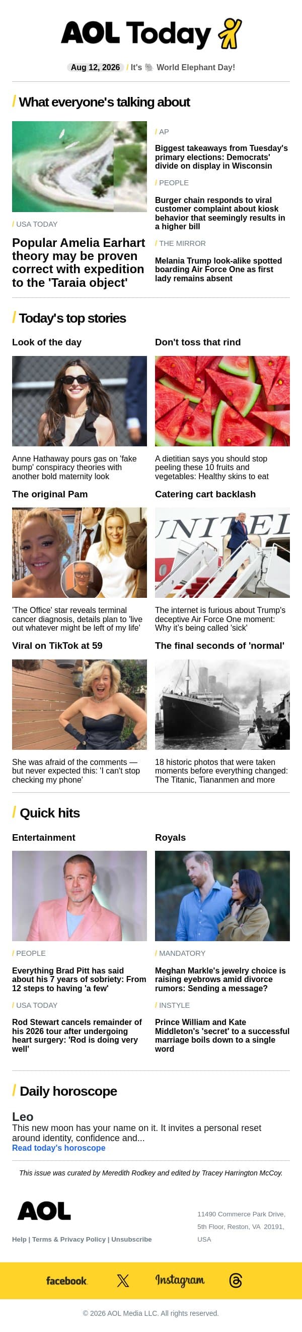 Melania look-alike; Amelia Earhart theory; burger chain's shady pricing trick email from AOL screenshot