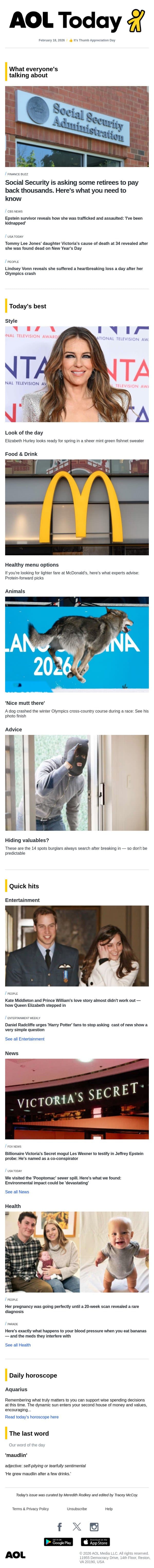 Social Security paybacks; healthiest McDonald's items; 14 spots burglars check email from AOL screenshot