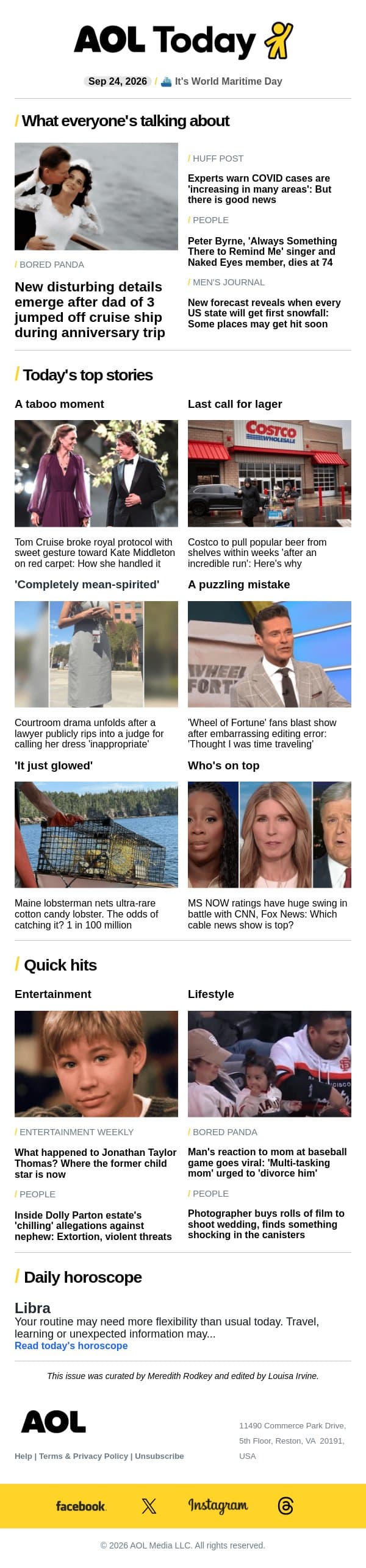 Costco pulls beers; singer dies at 74; ultra-rare lobster email from AOL screenshot