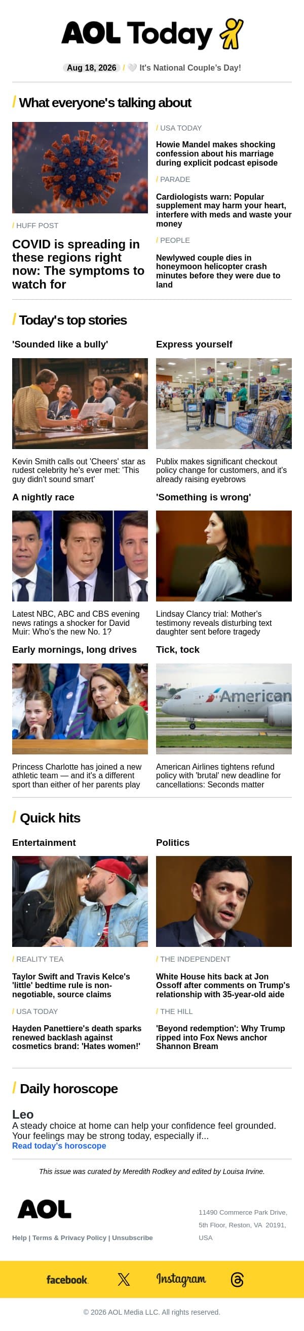 COVID spreading; rudest 'Cheers' star; Publix checkout change email from AOL screenshot