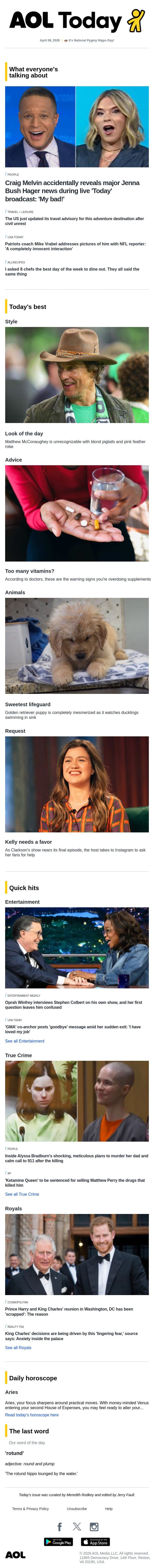 'Today' host spills secret; best day to dine out; King Charles' fear email from AOL screenshot