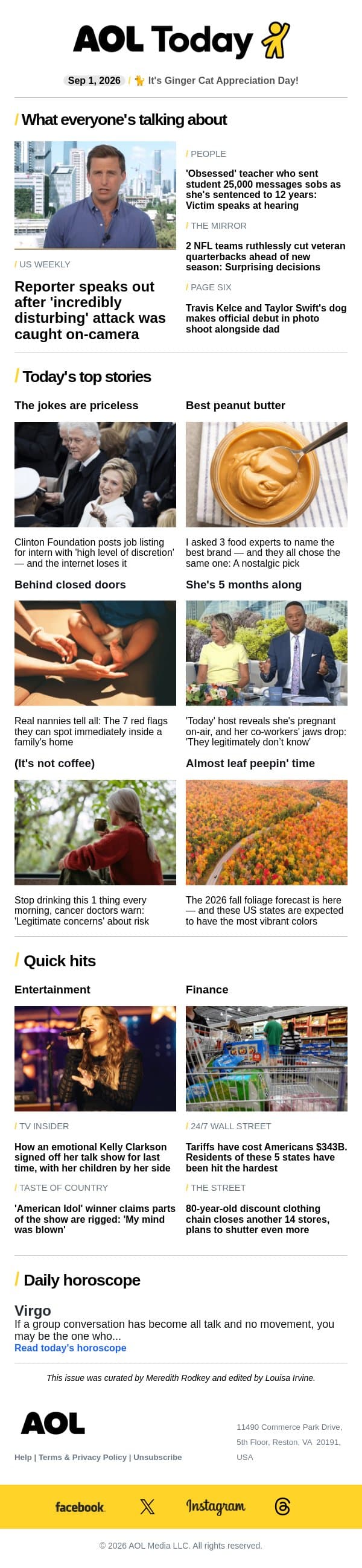 Kelly Clarkson's farewell; NFL teams cut QBs; clothing chain closing stores email from AOL screenshot