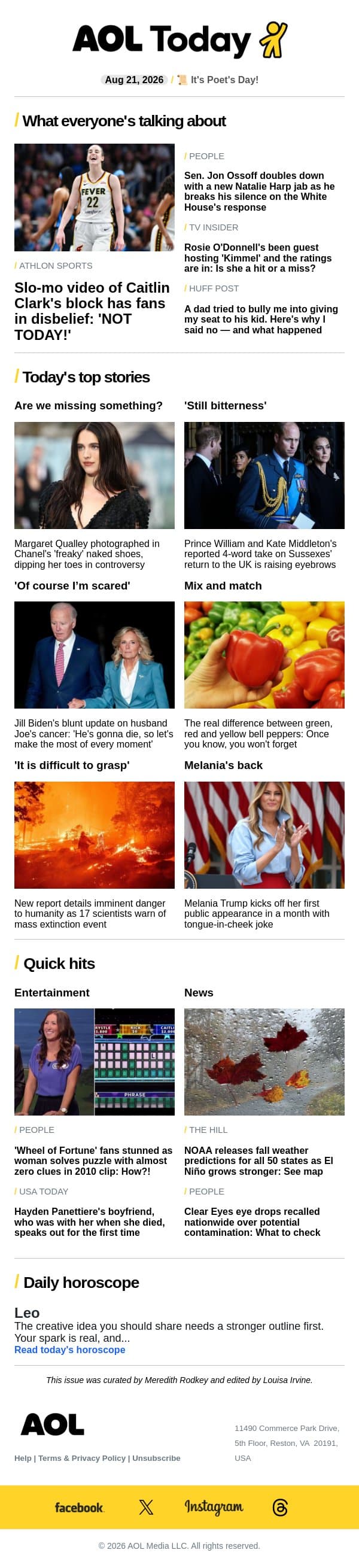 Mass extinction event; Caitlin Clark's block; Rosie's ratings email from AOL screenshot