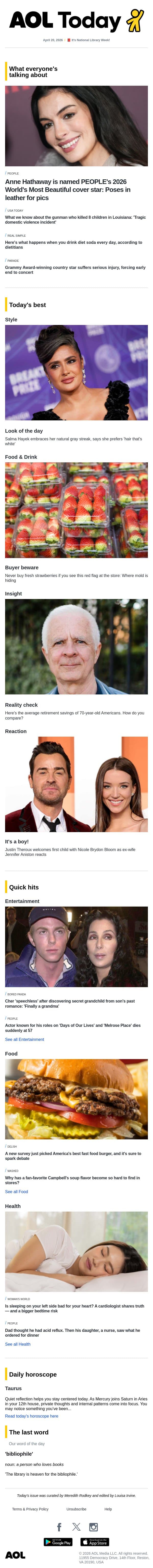 Actor dead at 57; best fast food burger; PEOPLE's Most Beautiful email from AOL screenshot