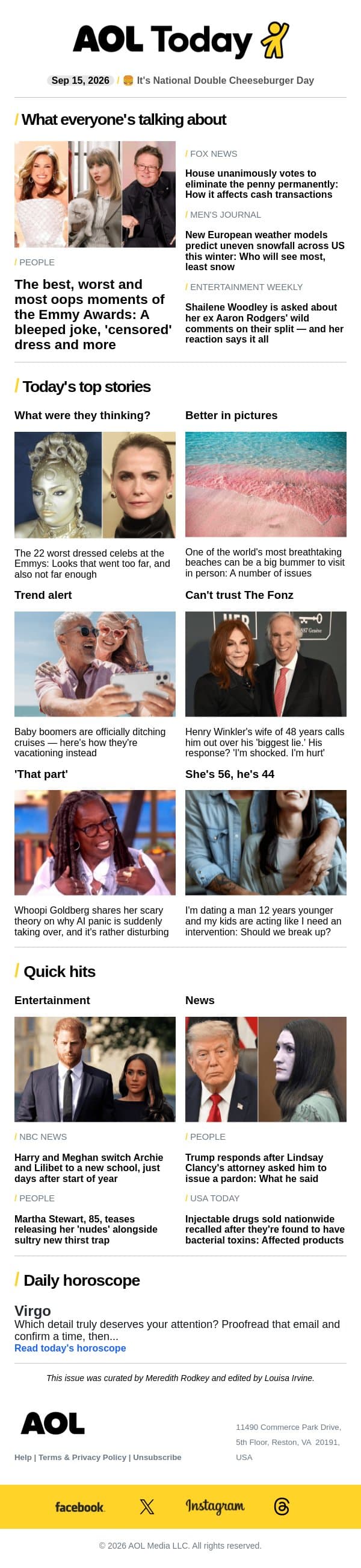 Emmys worst dressed; injectable drug recall; Lindsay Clancy pardon? email from AOL screenshot