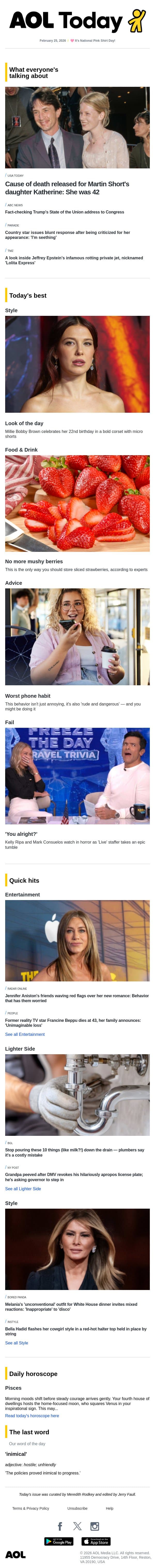 Cause of death for Martin Short's daughter; SOTU fact check; 'Live' fail email from AOL screenshot
