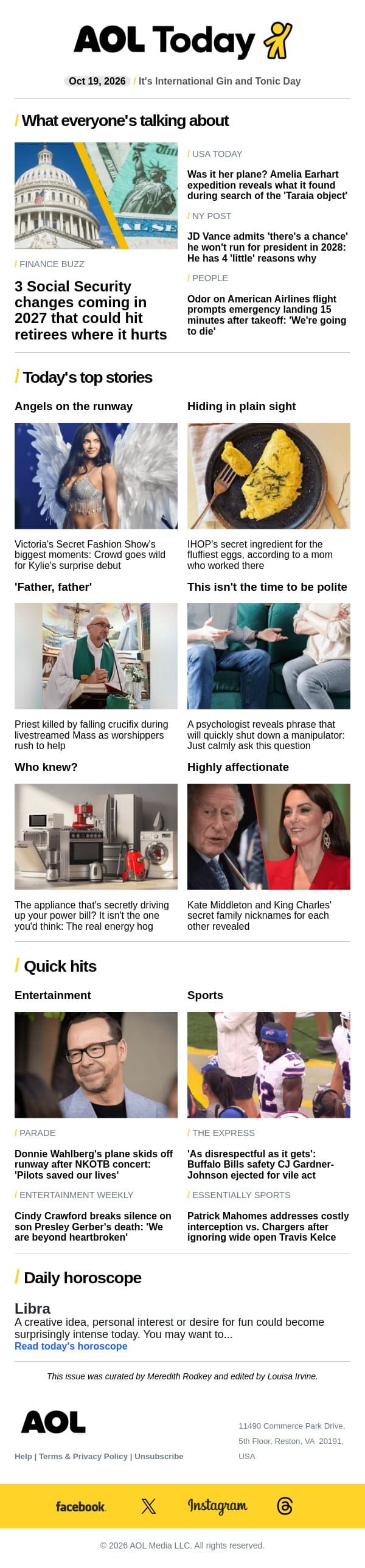 Social Security changes; NFL star ejected; priest killed email from AOL screenshot