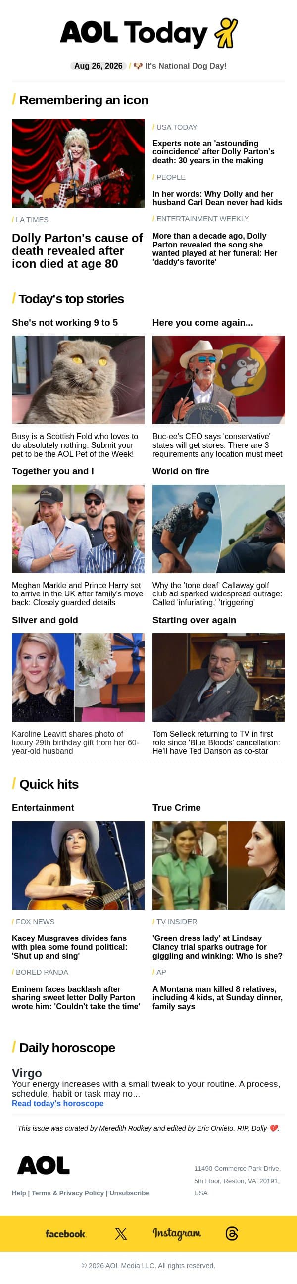 Dolly Parton's cause of death; 'tone deaf' golf ad; new Buc-ee's stores email from AOL screenshot