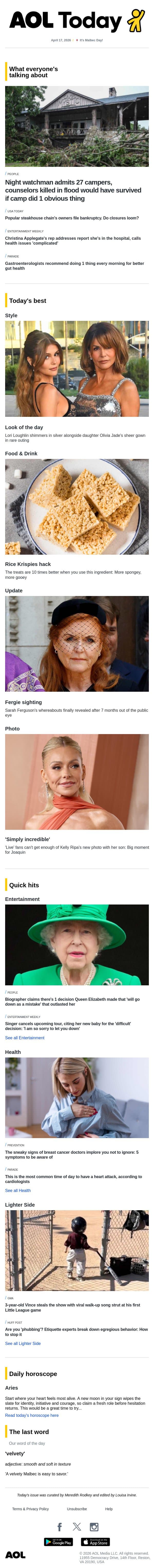 Steakhouse bankruptcy; singer cancels tour; Rice Krispies hack email from AOL screenshot