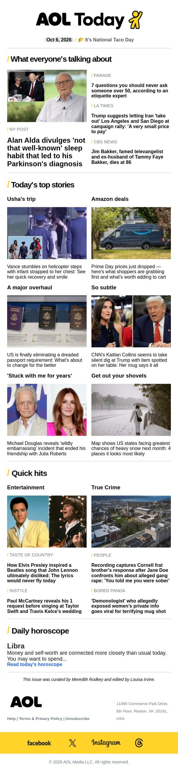 Alan Alda's illness; major passport change; Jim Bakker dies email from AOL screenshot