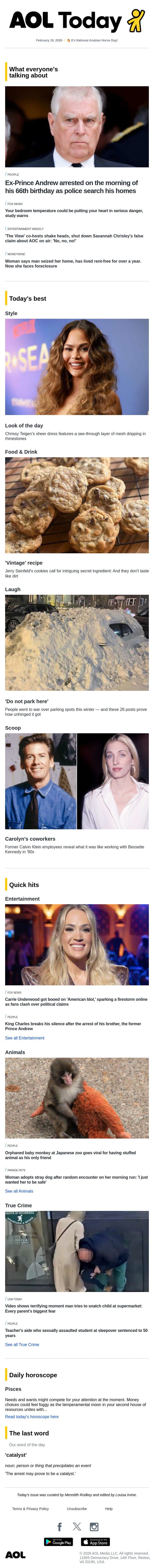 Ex-Prince Andrew arrested; kidnapping attempt; parking spot wars email from AOL screenshot