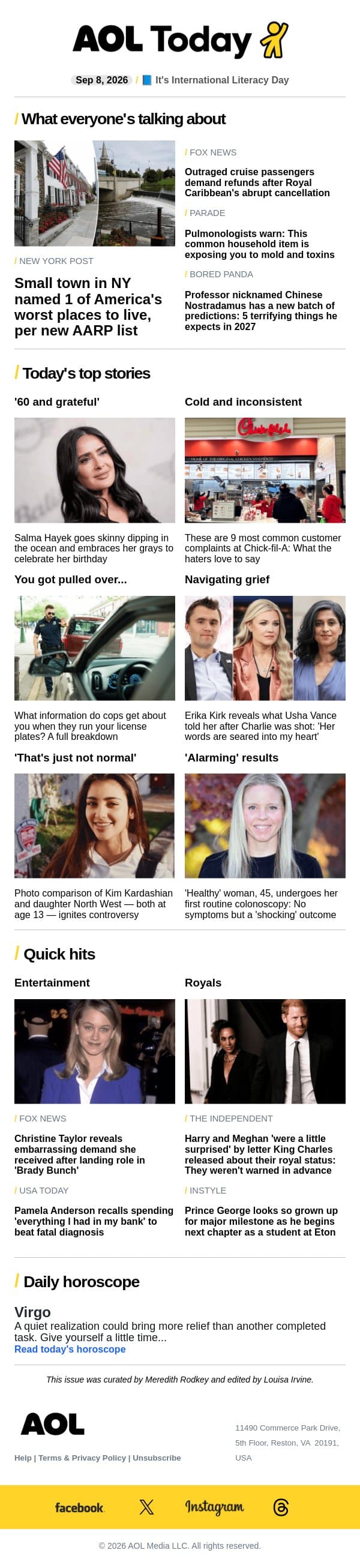 Terrifying 2027 predictions; Salma Hayek skinny dips; worst places to live email from AOL screenshot