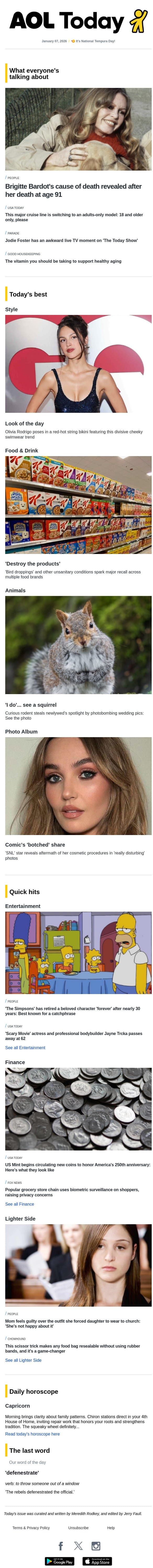 Bardot's cause of death; new US coins; major food recall email from AOL screenshot