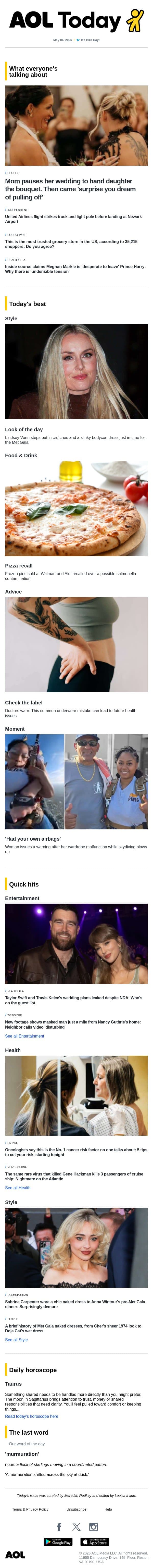 Meghan 'desperate to leave' Harry; United flight accident; pizza recall email from AOL screenshot