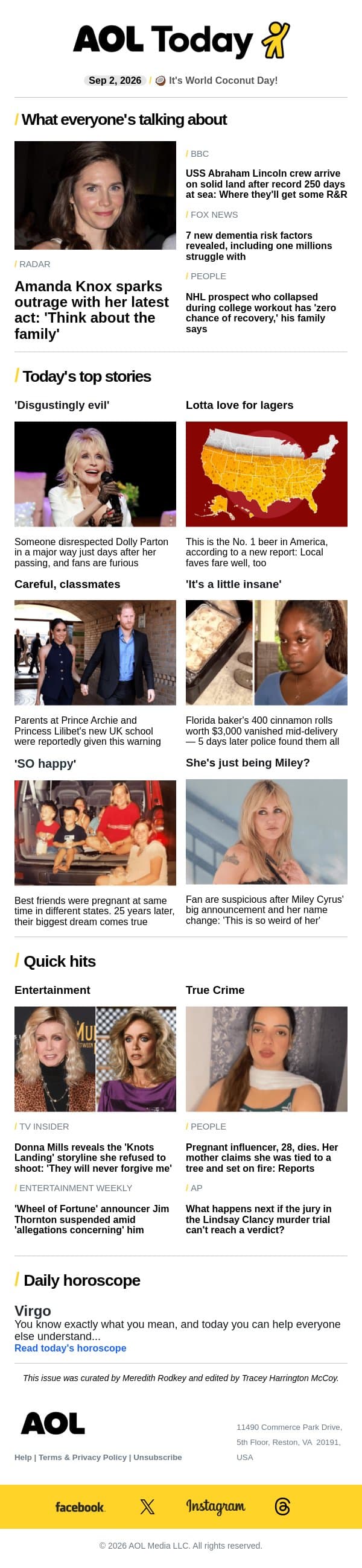 Amanda Knox's new act sparks outrage; Dolly disrespected; No. 1 beer email from AOL screenshot