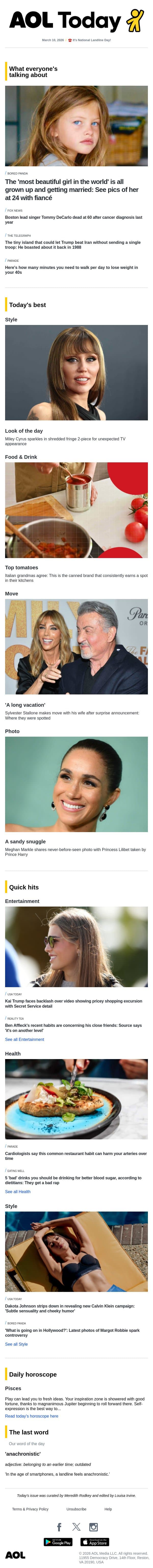 Singer dead at 60; Kai Trump backlash; top canned tomatoes email from AOL screenshot