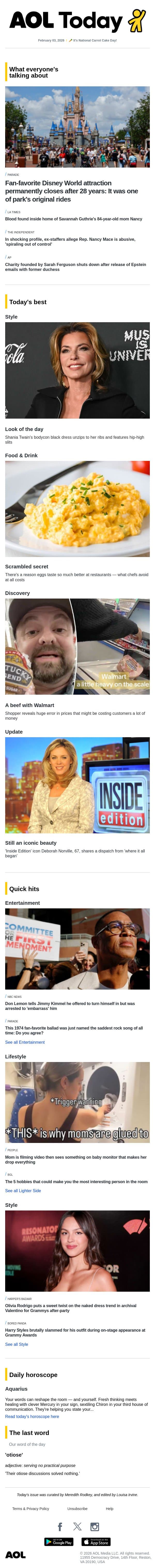 Disney ride shuts down; Shania's daring slit; scrambled egg secret email from AOL screenshot