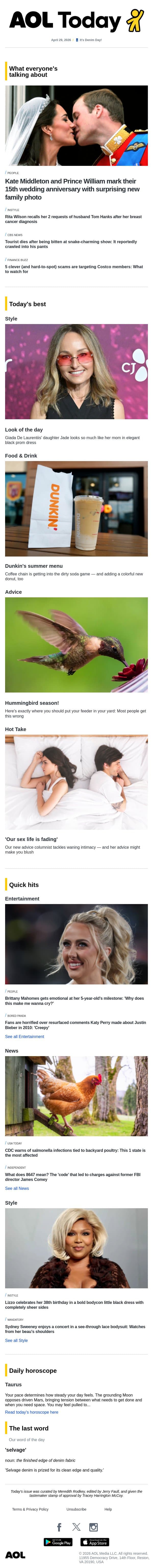Royal surprise; Costco scams; new Dunkin' menu email from AOL screenshot